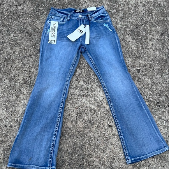 Sky Women's Light Blue Boot Cut Jeans with Red Embroidery and Bling Pockets - Picture 10 of 11